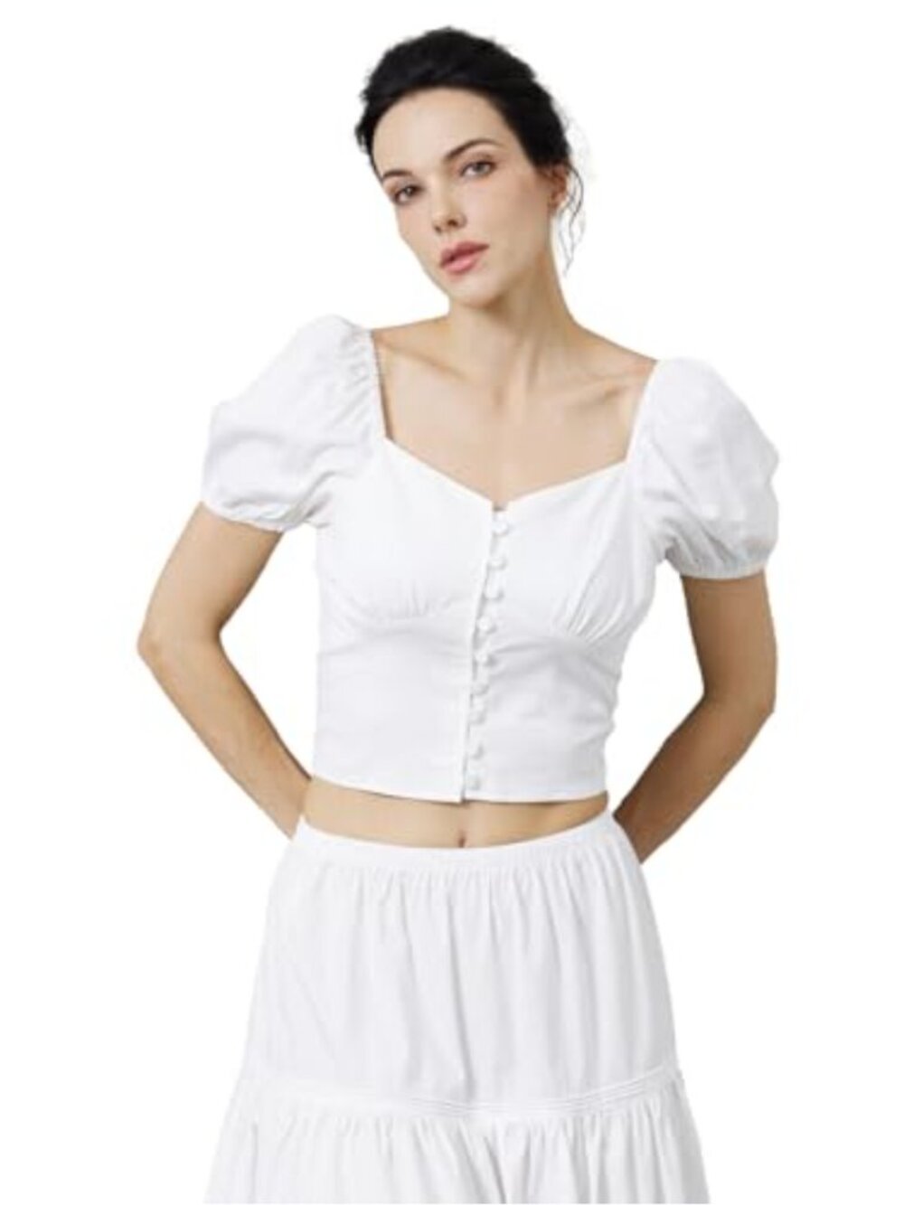 Cotton Crop Top Women Renaissance Puff Sleeve Button Down Blouse